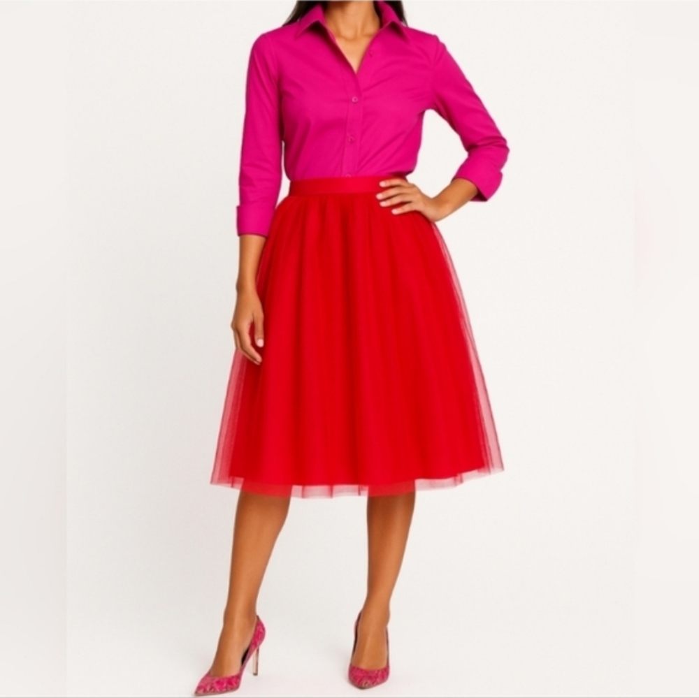 Red Tulle Midi Skirt - Elegant Full A-Line